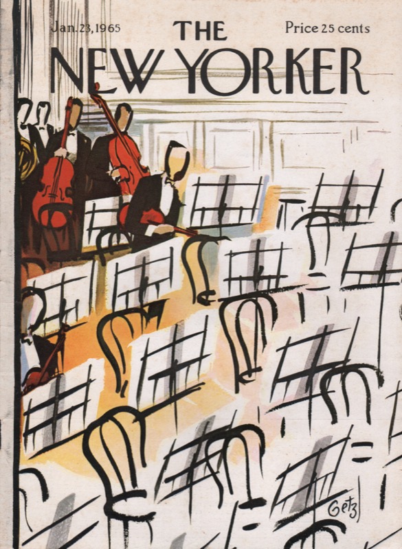 ORIGINAL VINTAGE MAGAZINE COVER:  New Yorker  Jan. 23 1965 - musicians assembling for concert  by: Arthur Getz (Illust.)