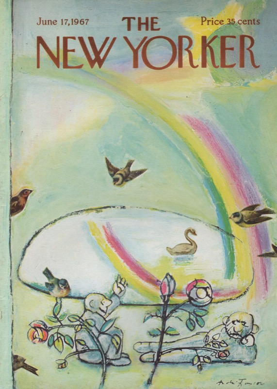 ORIGINAL VINTAGE MAGAZINE COVER:  New Yorker June 17 1967  - summer scene with birds, rainbow and flowers by: Andre Francois (Illust.)