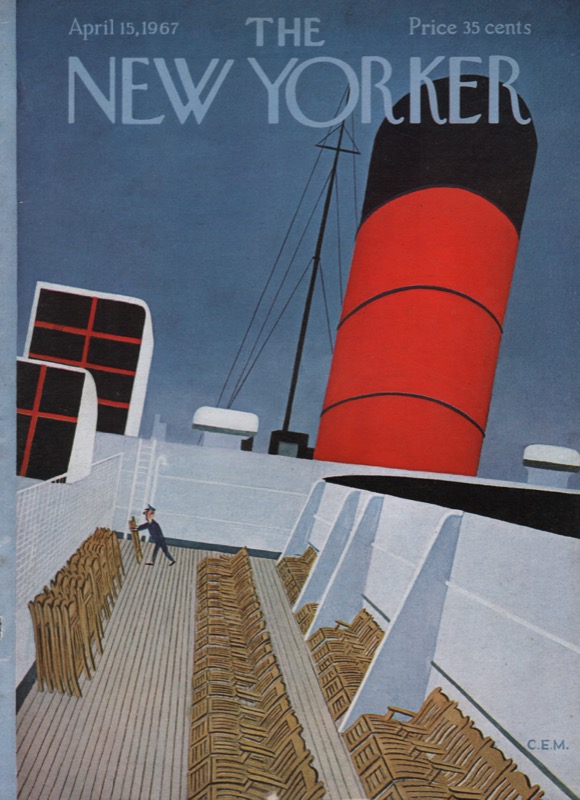 ORIGINAL VINTAGE MAGAZINE COVER:  New Yorker April 15 1967 - Arranging deck chairs  by: Charles E. Martin/C.E.M. (Illust.)