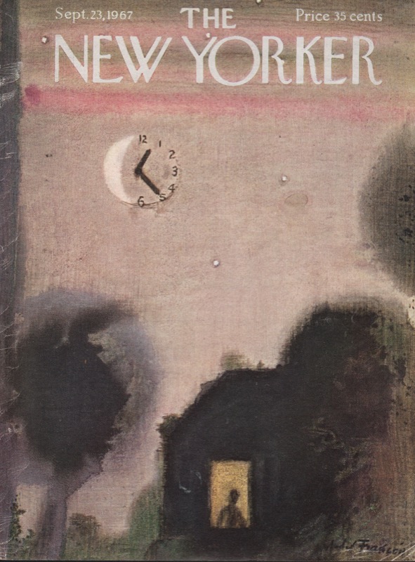 ORIGINAL VINTAGE MAGAZINE COVER: New Yorker Sept. 23 1967 - Moon/clock fall scene    by: Andre Francois (Illust.)
