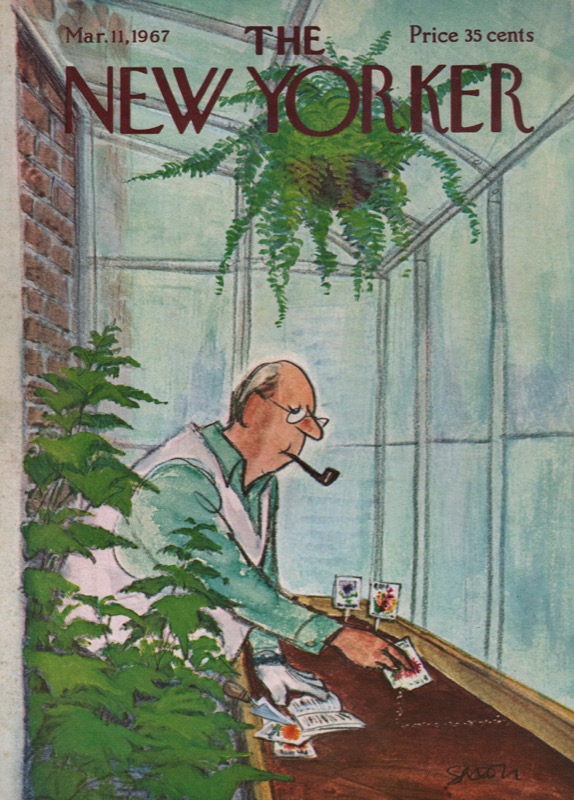 ORIGINAL VINTAGE MAGAZINE COVER:  New Yorker Mar. 11 1967 - Man planting flower seeds     by: Charles Saxon (Illust.)
