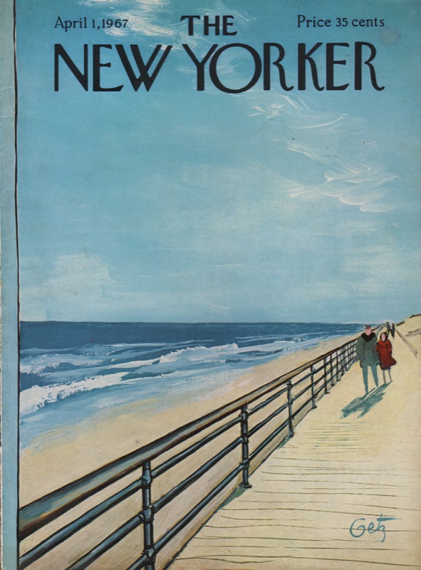 ORIGINAL VINTAGE MAGAZINE COVER:  New Yorker  April 1 1967 - couple on a windy boardwalk  by: Arthur Getz (Illust.)