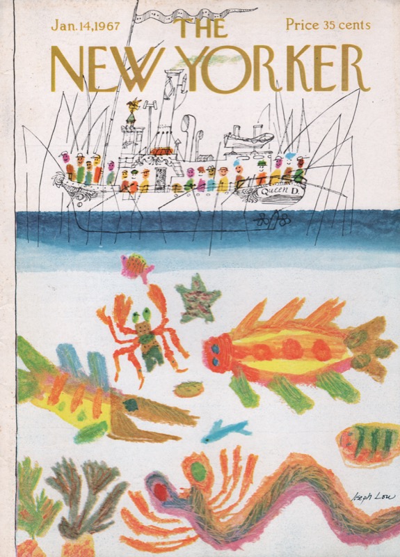 ORIGINAL VINTAGE MAGAZINE COVER:  New Yorker Jan. 14 1967 - Fishing boat with marine life underneath   by: Joseph Low (Illust.)