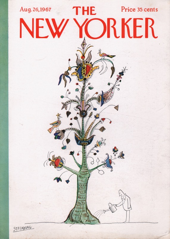 ORIGINAL VINTAGE MAGAZINE COVER:  New Yorker Aug. 26 1967 - Man watering fantastical treeby: Saul Steinberg (Illust.)