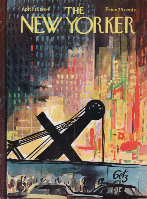 ORIGINAL VINTAGE MAGAZINE COVER:  New Yorker April 11 1964 Cityscape at nightby: Arthur Getz (Illust.)