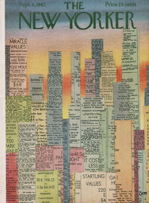 ORIGINAL VINTAGE MAGAZINE COVER:  New Yorker Sept. 8 1962 city buildings made from apartment adsby: Charles E. Martin (Illust.)
