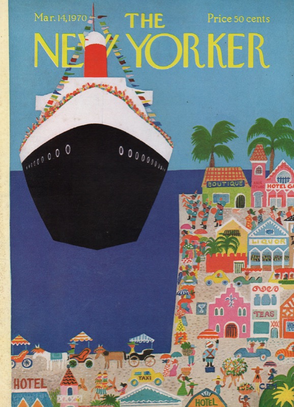 ORIGINAL VINTAGE MAGAZINE COVER:  New Yorker Mar. 14 1970 Cruise ship in port     by: Charles E. Martin (Illust.)