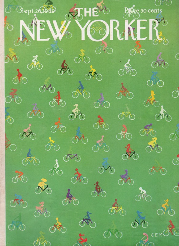 ORIGINAL VINTAGE MAGAZINE COVER:  New Yorker Sept. 20 1969 - Bicycle riders     by: Charles E. Martin (Illust.)