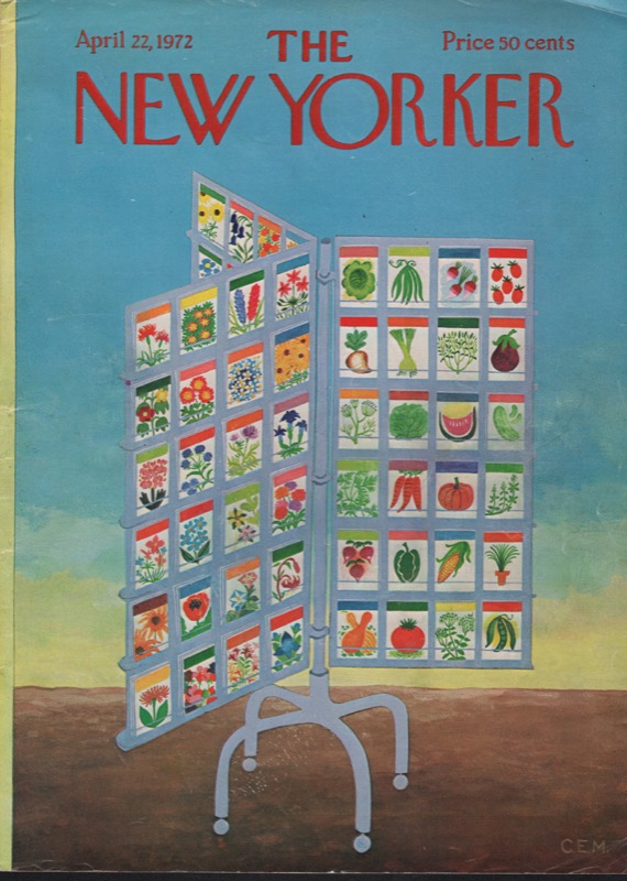ORIGINAL VINTAGE MAGAZINE COVER:  New Yorker April 22 1972 - Seed packages    by: Charles E. Martin (Illust.)