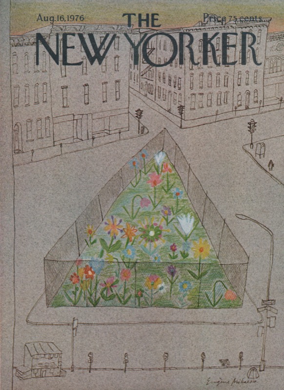 ORIGINAL VINTAGE MAGAZINE COVER:  New Yorker Aug. 16 1976 - Traffic island garden  by: Eugene Mihaesco (Illust.)
