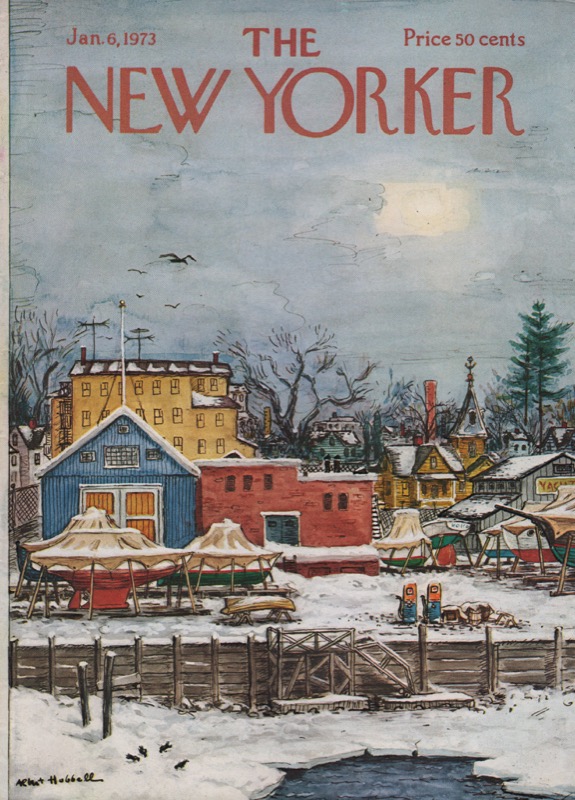 ORIGINAL VINTAGE MAGAZINE COVER:  New Yorker Jan. 6 1973 - Marina in winter   by: Albert Hubbell (Illust.)