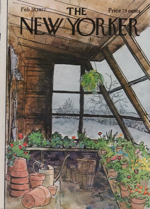 ORIGINAL VINTAGE MAGAZINE COVER:  New Yorker Feb. 28 1977 - Greenhouse in winter   by: Arthur Getz (Illust.)