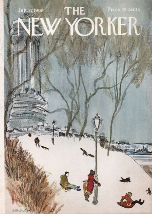 ORIGINAL VINTAGE MAGAZINE COVER:  New Yorker Jan. 27 1968 - Snow sledding     by: James Stevenson (Illust.)