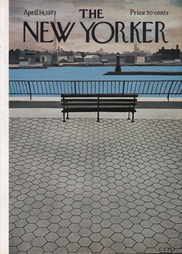 ORIGINAL VINTAGE MAGAZINE COVER: New Yorker April 14 1973 - Bench by waterfrontby: Charles E. Martin (Illust.)