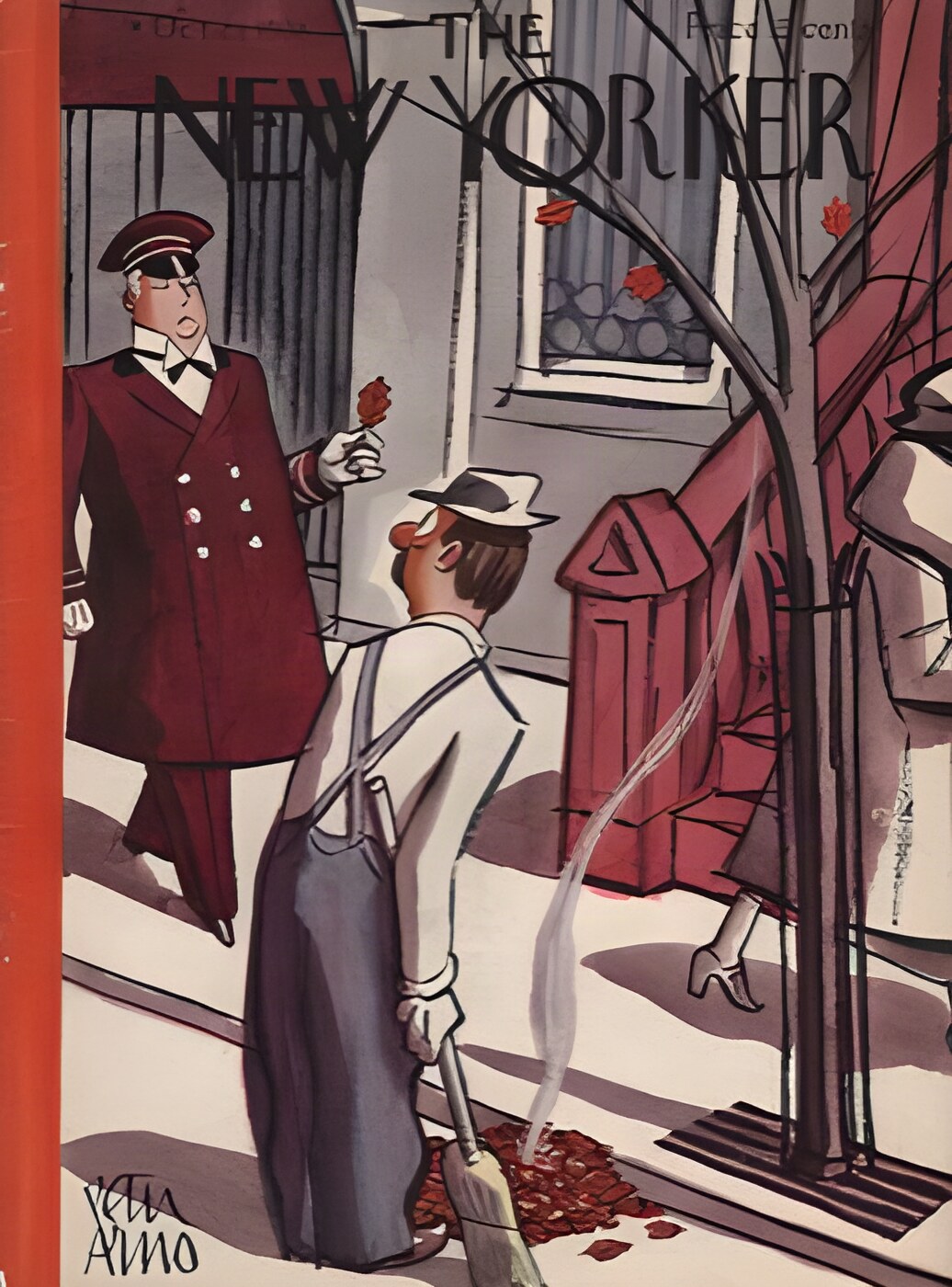 ORIGINAL VINTAGE MAGAZINE COVER:  New Yorker October 29 1938 - Doorman carrying last leafby: Peter Arno (Illust.)