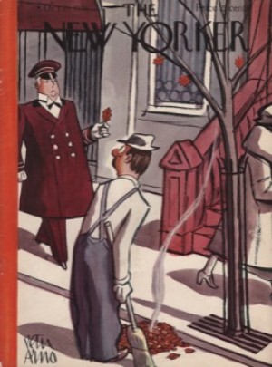 ORIGINAL VINTAGE MAGAZINE COVER:  New Yorker October 29 1938 - Doorman carrying last leafby: Peter Arno (Illust.)