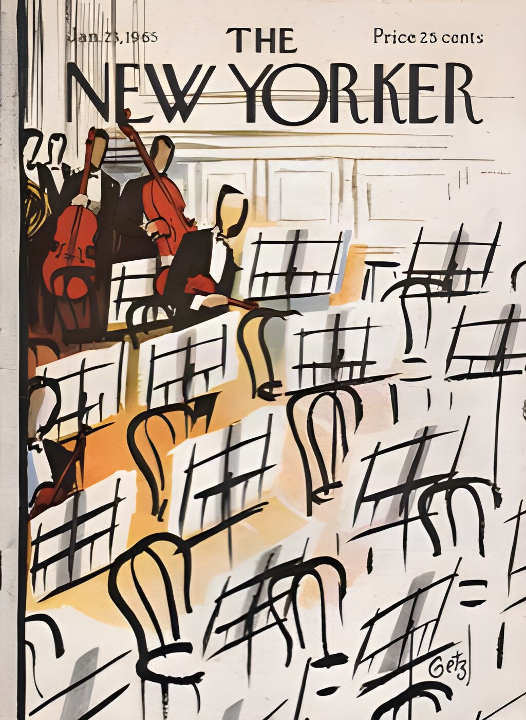 ORIGINAL VINTAGE MAGAZINE COVER:  New Yorker  Jan. 23 1965 - musicians assembling for concert  by: Arthur Getz (Illust.)