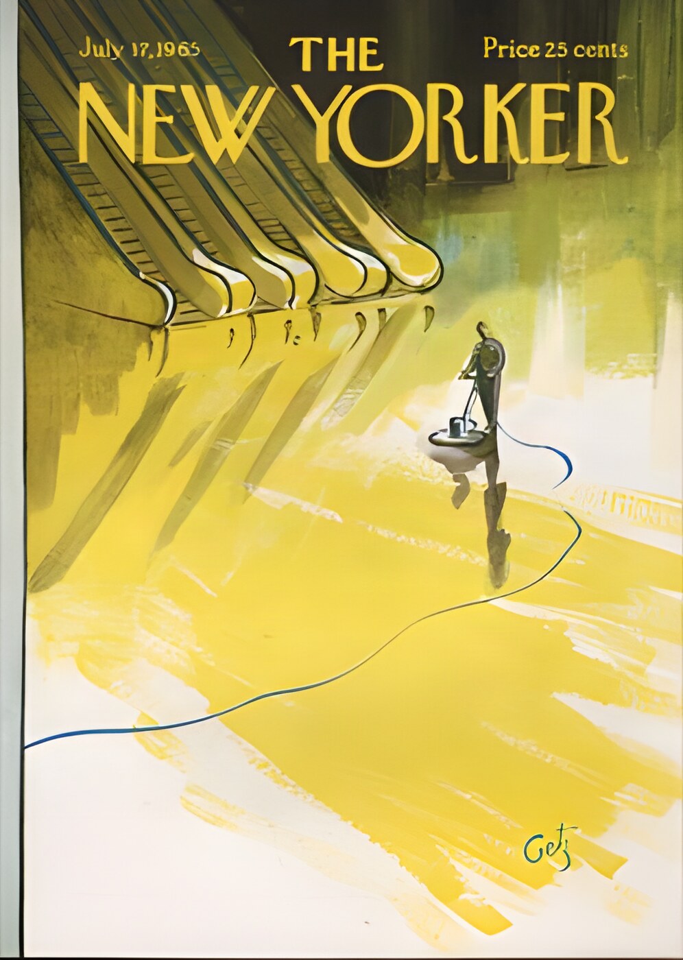 ORIGINAL VINTAGE MAGAZINE COVER:  New Yorker July 17 1965 - worker buffing floor by: Arthur Getz (Illust.)