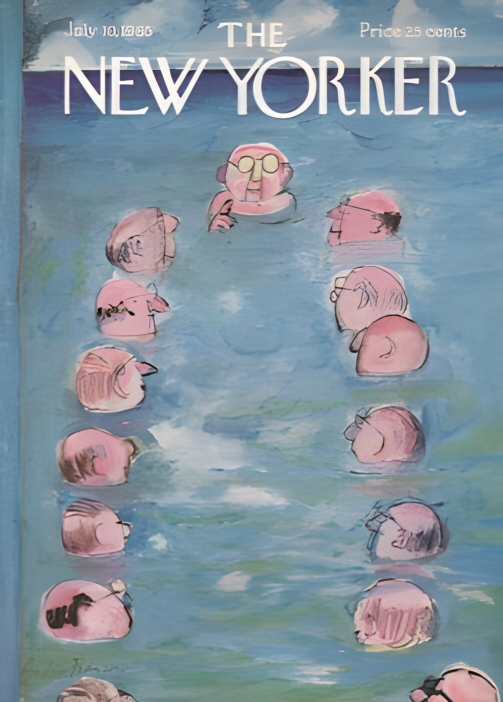 ORIGINAL VINTAGE MAGAZINE COVER:  New Yorker - July 10 1965 - business meeting in water   by: Andre Francois (Illust.)