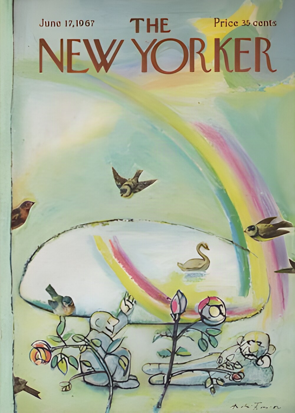 ORIGINAL VINTAGE MAGAZINE COVER:  New Yorker June 17 1967  - summer scene with birds, rainbow and flowers by: Andre Francois (Illust.)