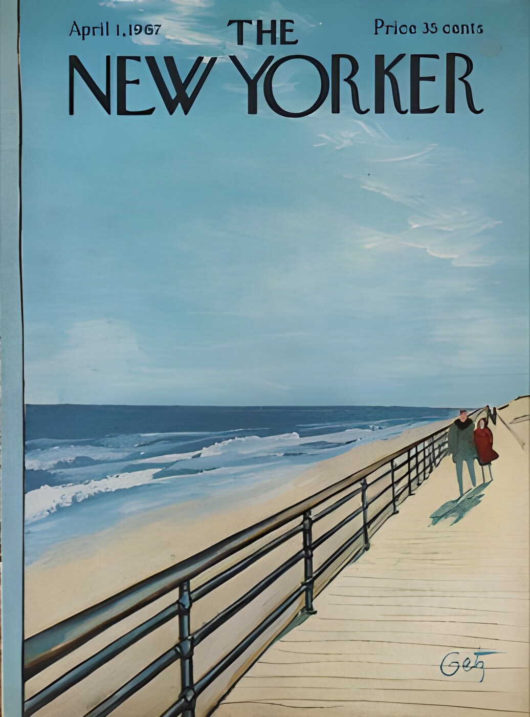 ORIGINAL VINTAGE MAGAZINE COVER:  New Yorker  April 1 1967 - couple on a windy boardwalk  by: Arthur Getz (Illust.)