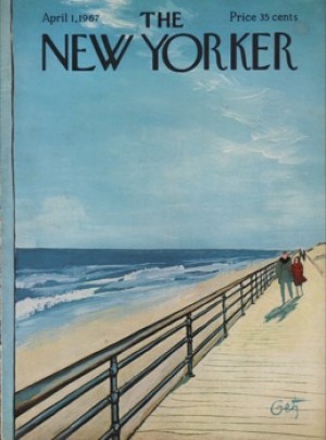 ORIGINAL VINTAGE MAGAZINE COVER:  New Yorker  April 1 1967 - couple on a windy boardwalk  by: Arthur Getz (Illust.)