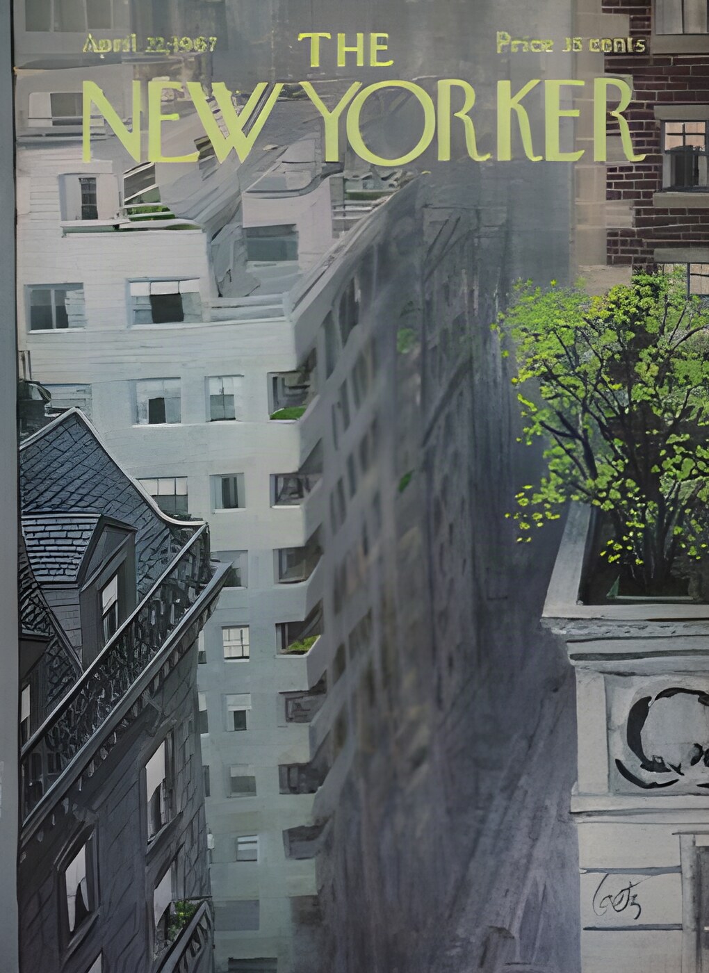 ORIGINAL VINTAGE MAGAZINE COVER:  New Yorker April 22 1967 - Manhattan canyon    by: Arthur Getz (Illust.)