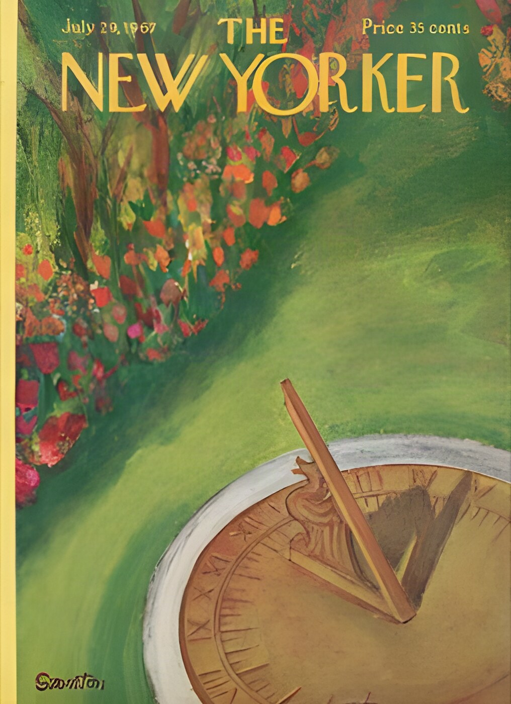 ORIGINAL VINTAGE MAGAZINE COVER:  New Yorker July 29 1967 -Sundial in the garden      by: Beatrice Szanton (Illust.)