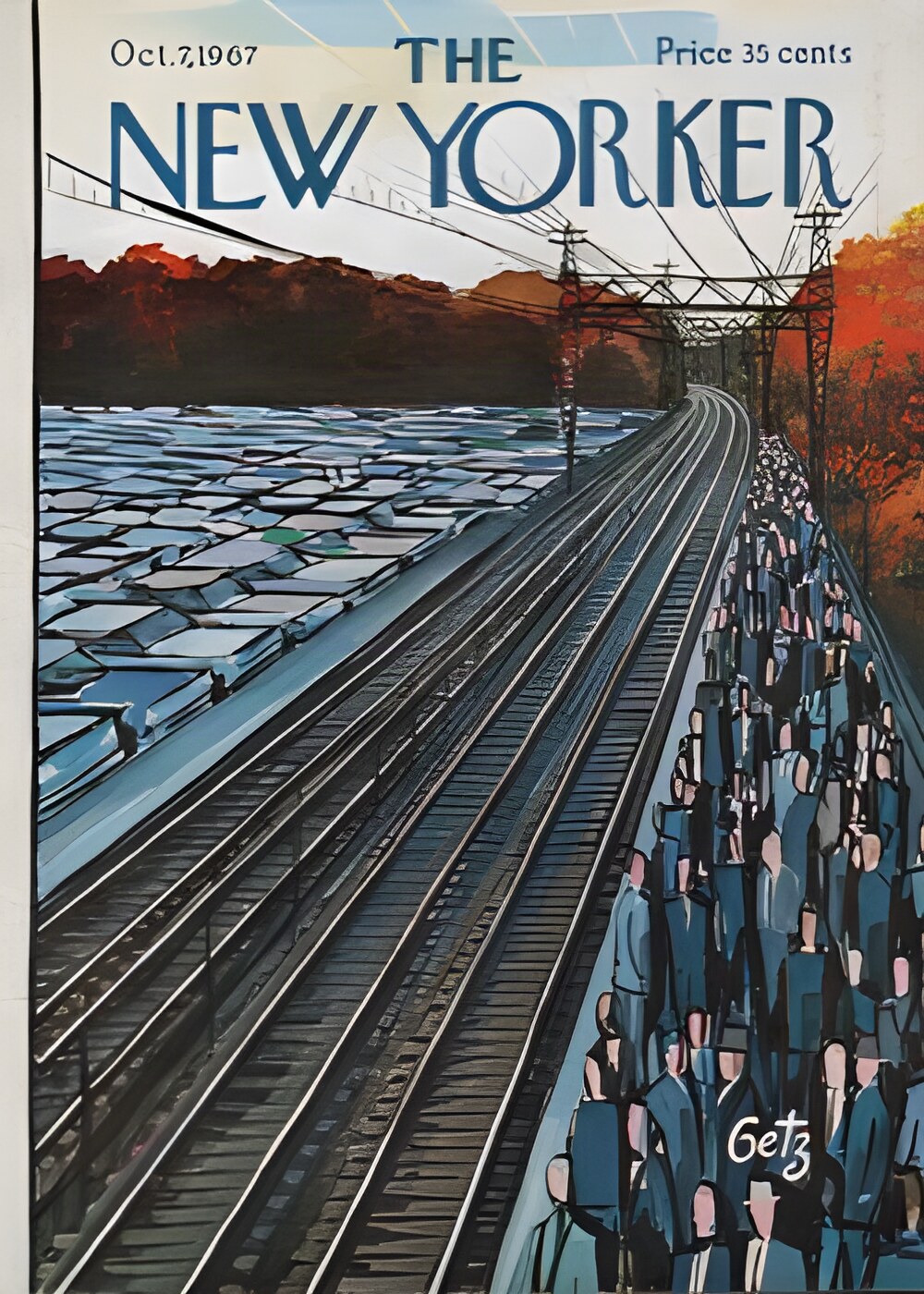 ORIGINAL VINTAGE MAGAZINE COVER:  New Yorker - Oct. 7 1967 - commuting by train    by: Arthur Getz (Illust.)