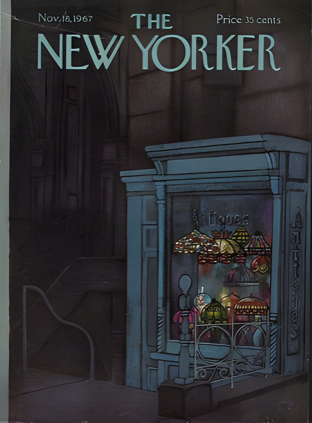 ORIGINAL VINTAGE MAGAZINE COVER:  New Yorker Nov. 18 1967 - Antique store window at night   by: Charles E. Martin/C.E.M.(Illust.)