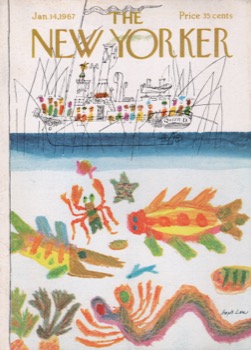 ORIGINAL VINTAGE MAGAZINE COVER:  New Yorker Jan. 14 1967 - Fishing boat with marine life underneath   by: Joseph Low (Illust.)