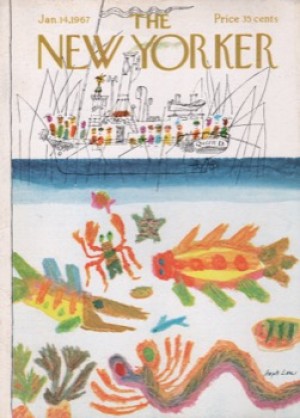 ORIGINAL VINTAGE MAGAZINE COVER:  New Yorker Jan. 14 1967 - Fishing boat with marine life underneath   by: Joseph Low (Illust.)