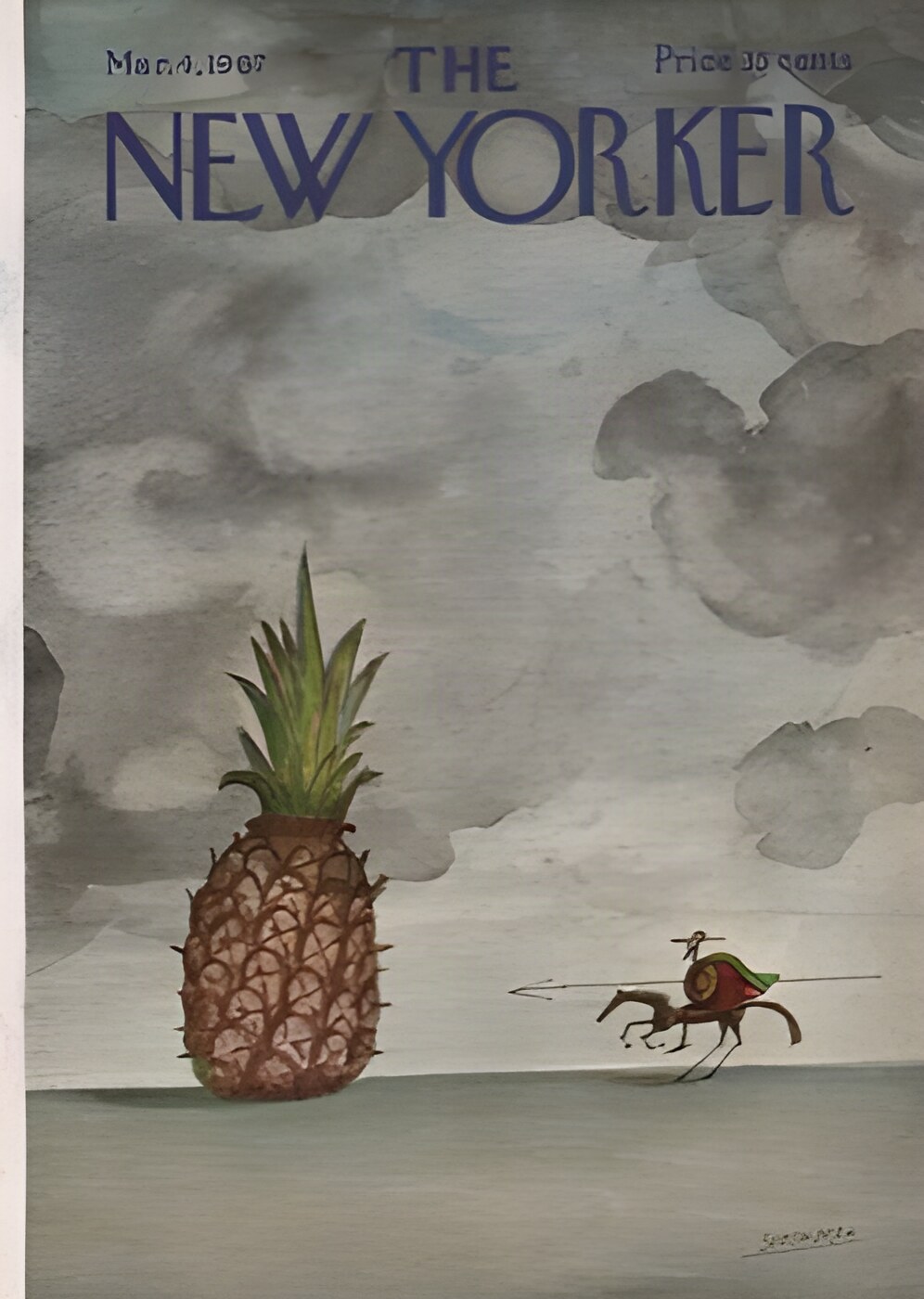 ORIGINAL VINTAGE MAGAZINE COVER:  New Yorker Mar. 4 1967 - Don Quixote vs. a pineapple    by: Saul Steinberg (Illust.)