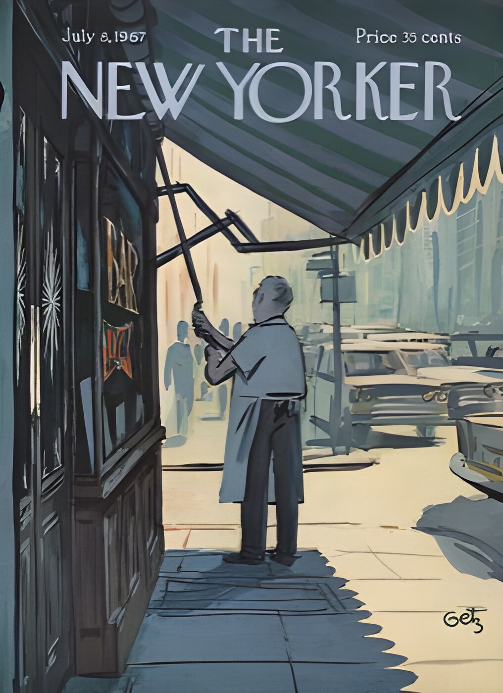 ORIGINAL VINTAGE MAGAZINE COVER:  New Yorker July 8 1967 Storefront owner putting down awning  by: Arthur Getz (Illust.)
