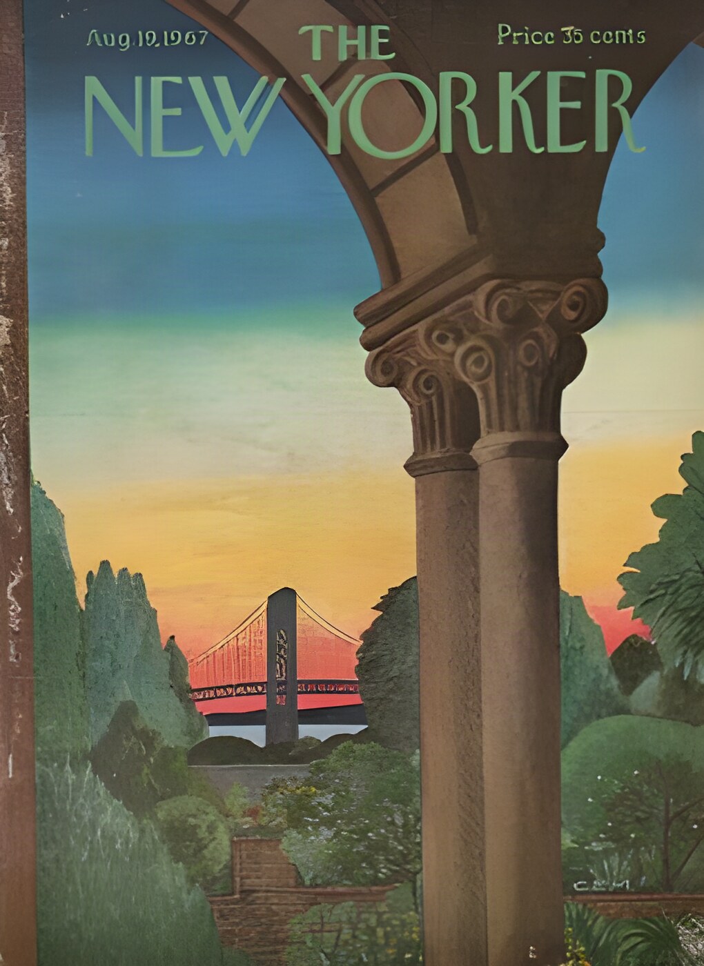 ORIGINAL VINTAGE MAGAZINE COVER:  New Yorker Aug. 19 1967 - View of bridge from under stone arches   by: Charles E. Martin (Illust.)