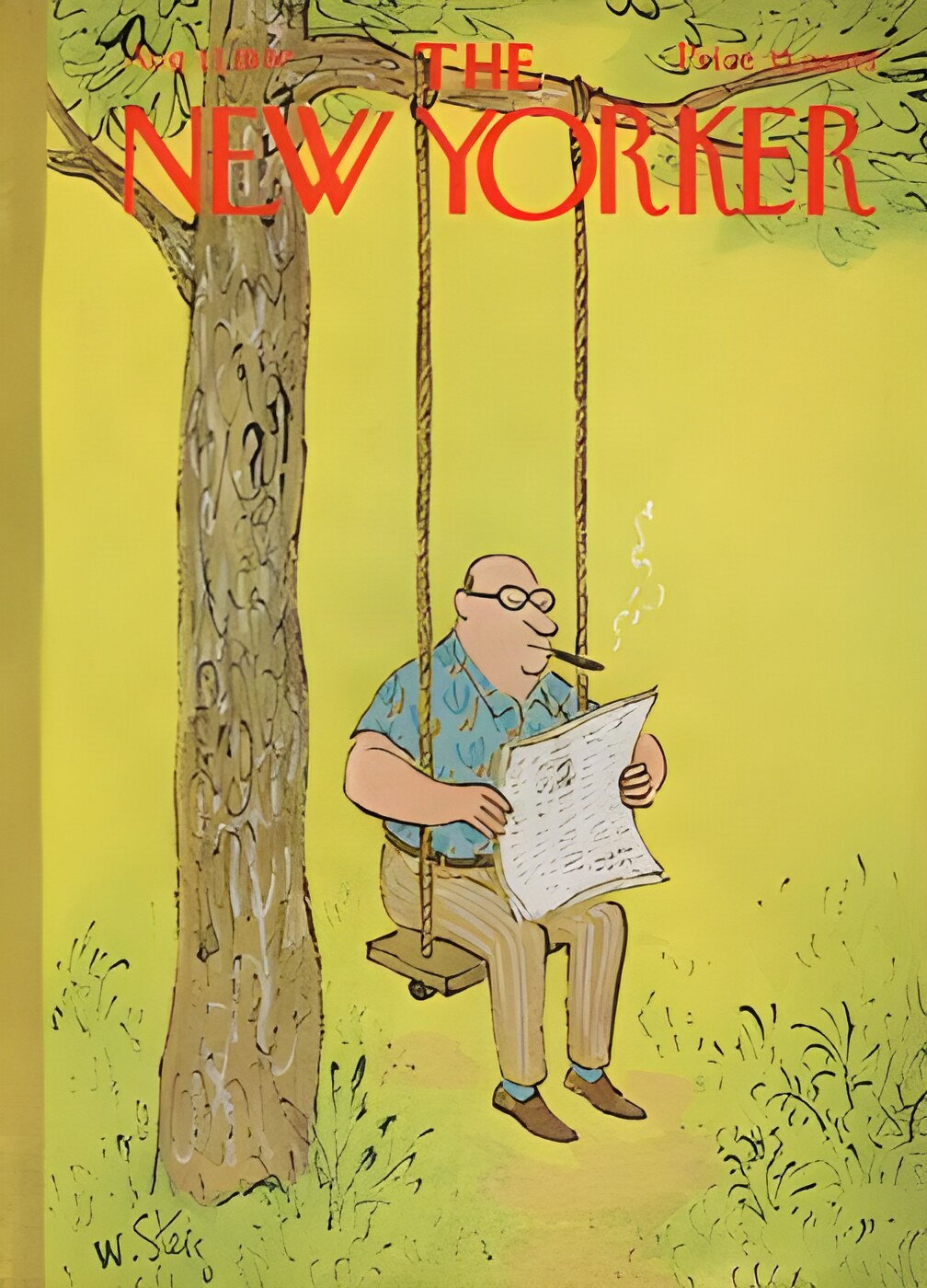 ORIGINAL VINTAGE MAGAZINE COVER:  New Yorker Aug. 12 1967 - Man sitting on swing reading the paper by: William Steig (Illust.)