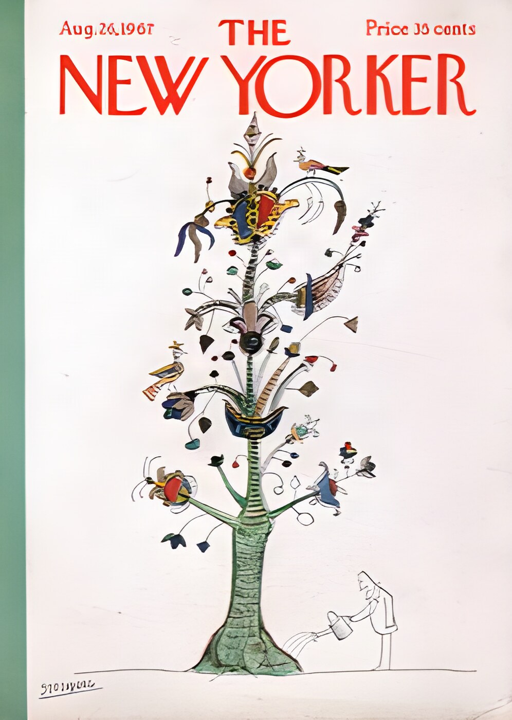 ORIGINAL VINTAGE MAGAZINE COVER:  New Yorker Aug. 26 1967 - Man watering fantastical treeby: Saul Steinberg (Illust.)