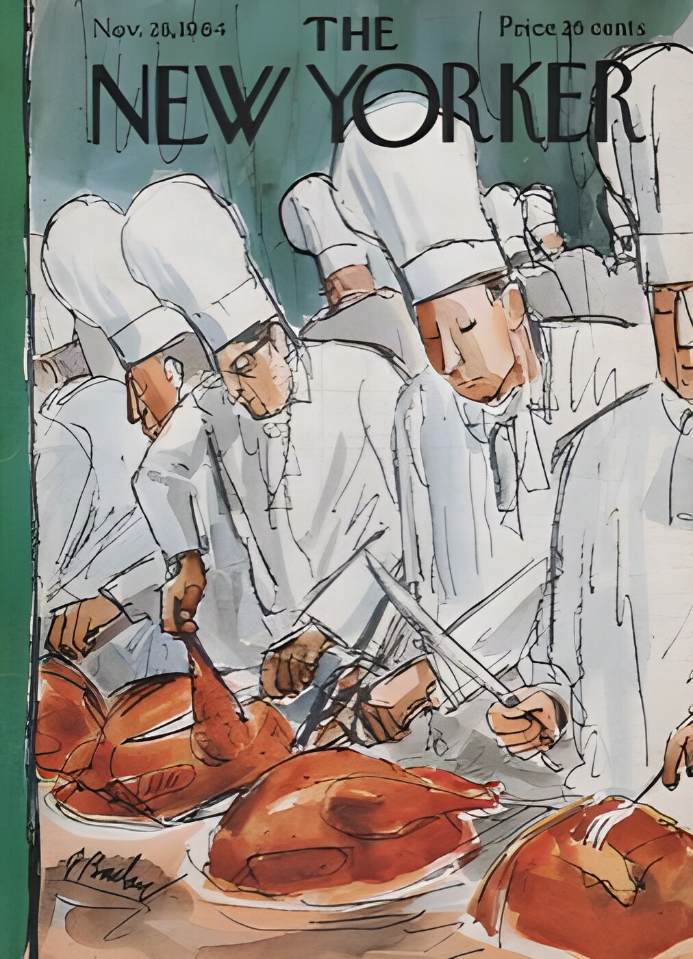 ORIGINAL VINTAGE MAGAZINE COVER:  New Yorker Nov. 28 1964 - Chefs carving turkeys    by: Perry Barlow (Illust.)