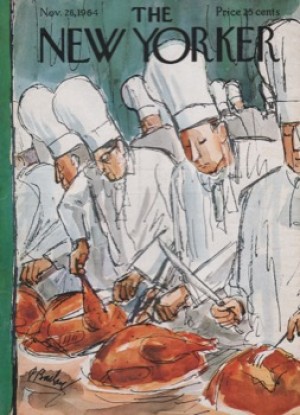ORIGINAL VINTAGE MAGAZINE COVER:  New Yorker Nov. 28 1964 - Chefs carving turkeys    by: Perry Barlow (Illust.)