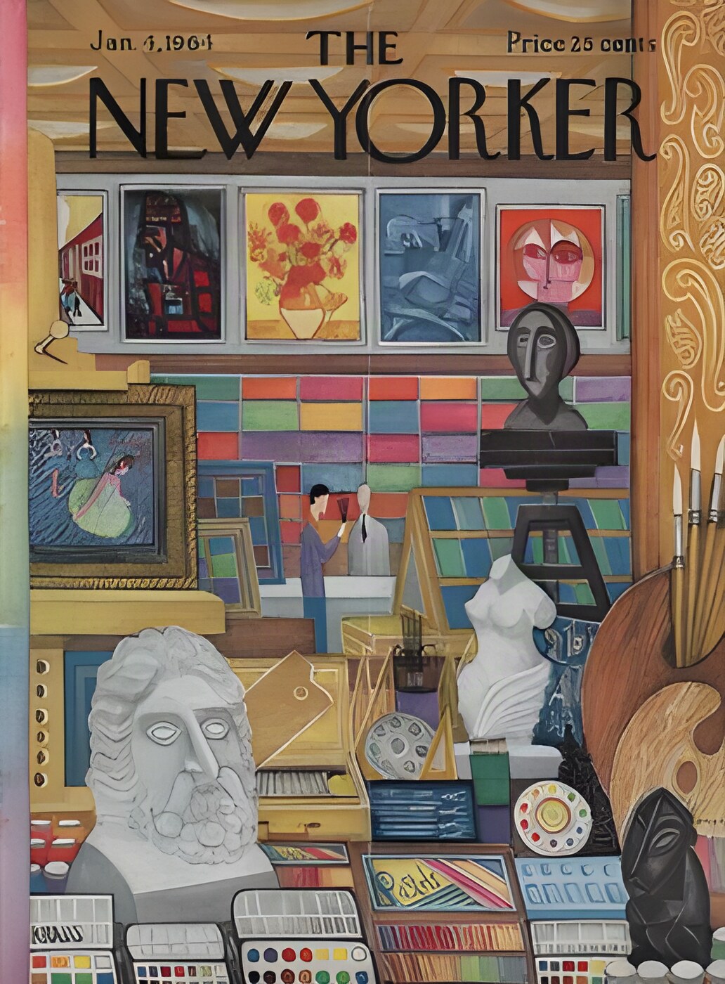 ORIGINAL VINTAGE MAGAZINE COVER:  New Yorker Jan. 4 1964 - Art supply store   by: Robert Kraus (Illust.)