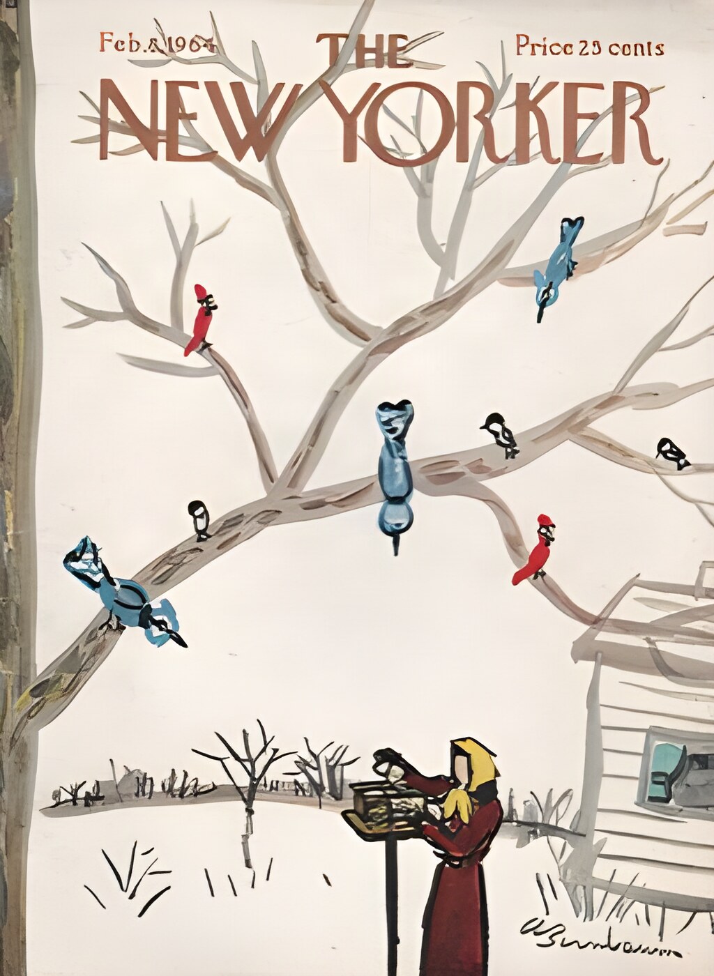 ORIGINAL VINTAGE MAGAZINE COVER:  New Yorker Feb. 8 1964 - Winter birdfeeder    by: Abe Birnbaum (Illust.)