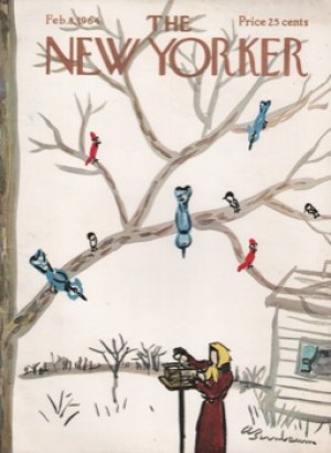 ORIGINAL VINTAGE MAGAZINE COVER:  New Yorker Feb. 8 1964 - Winter birdfeeder    by: Abe Birnbaum (Illust.)