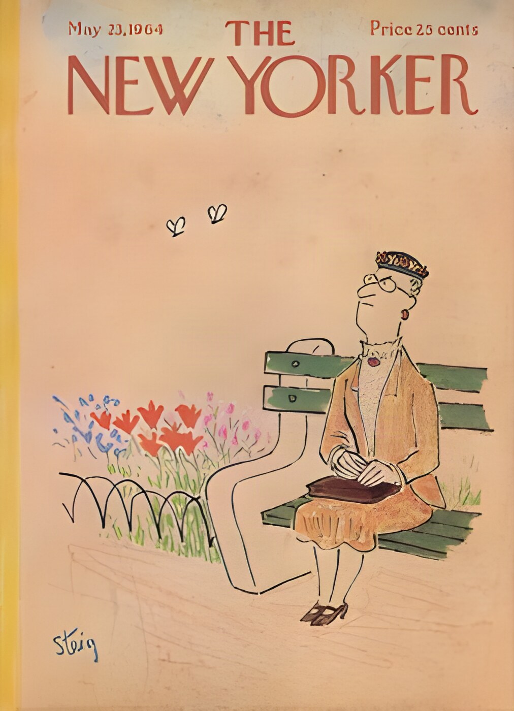 ORIGINAL VINTAGE MAGAZINE COVER:  New Yorker May 23 1964 - Old maid scowling at bees.   by: William Steig (Illust.)