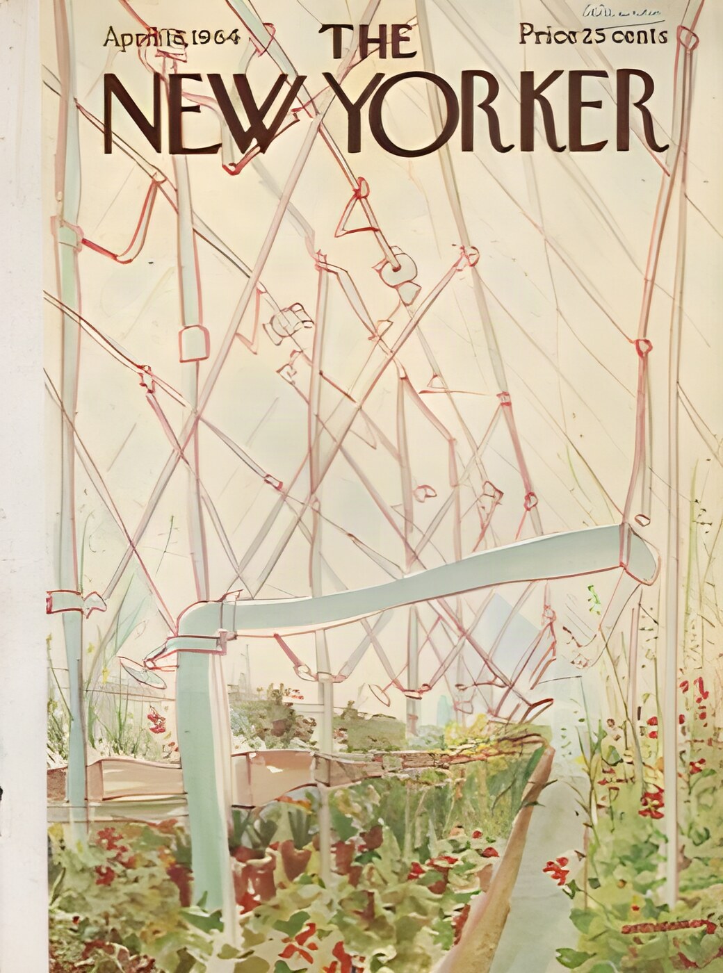 ORIGINAL VINTAGE MAGAZINE COVER:  New Yorker April 18 1964 - Interior of greenhouse   by: James Stevenson (Illust.)