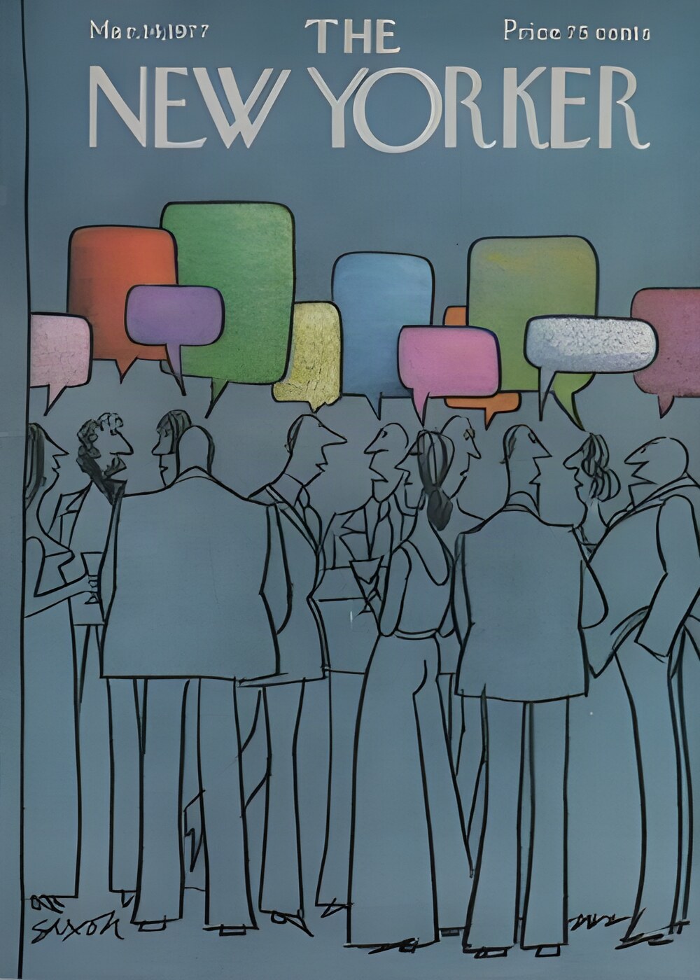 ORIGINAL VINTAGE MAGAZINE COVER: New Yorker Mar. 14 1977 - Party conversationby: Charles Saxon (Illust.)