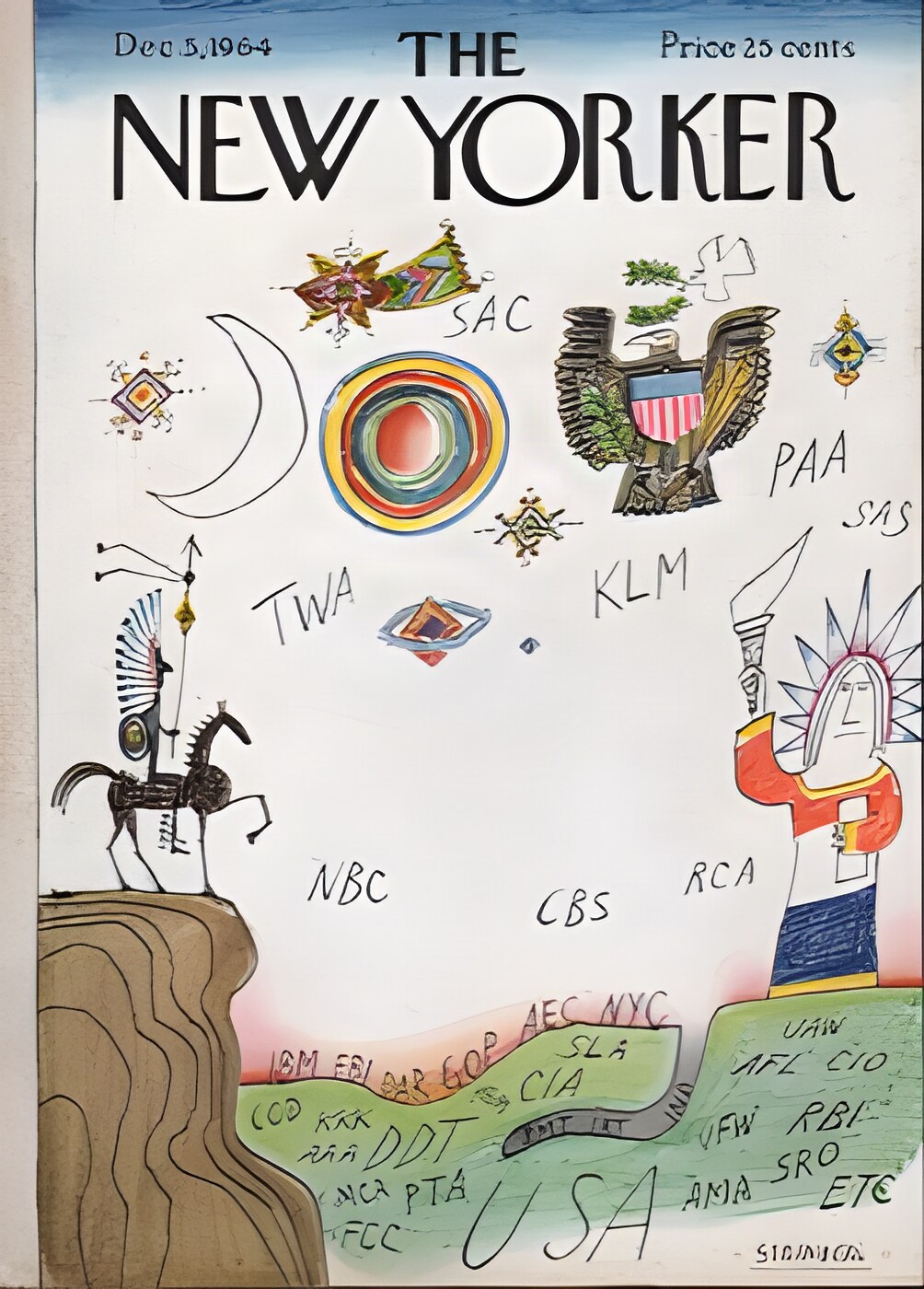 ORIGINAL VINTAGE MAGAZINE COVER:  New Yorker Dec. 5 1964 - World of symbols   by: Saul Steinberg (Illust.)