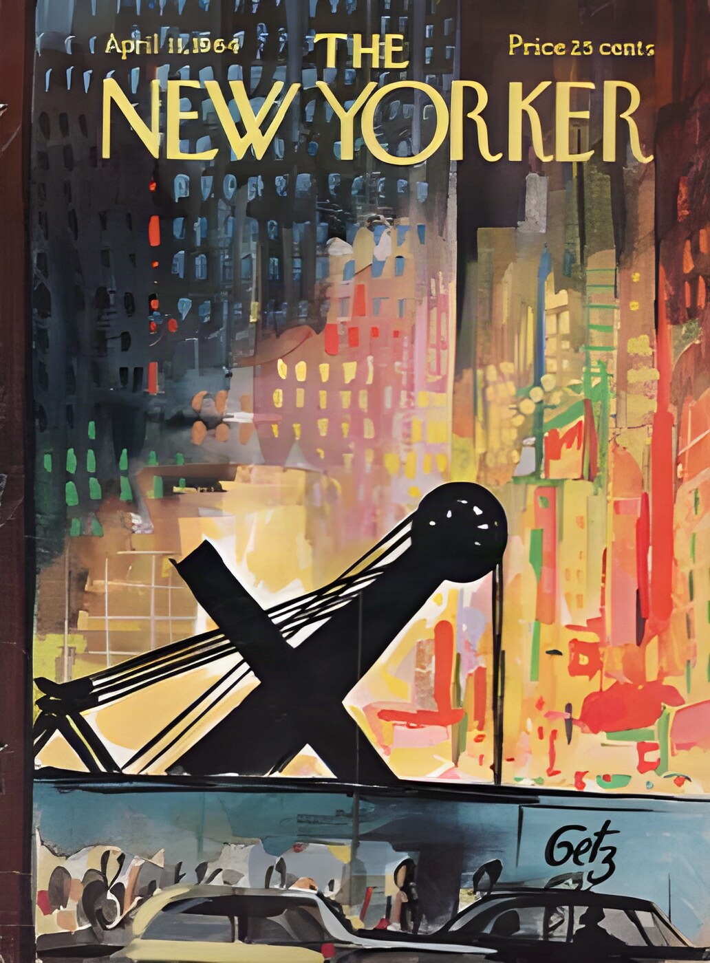 ORIGINAL VINTAGE MAGAZINE COVER:  New Yorker April 11 1964 Cityscape at nightby: Arthur Getz (Illust.)
