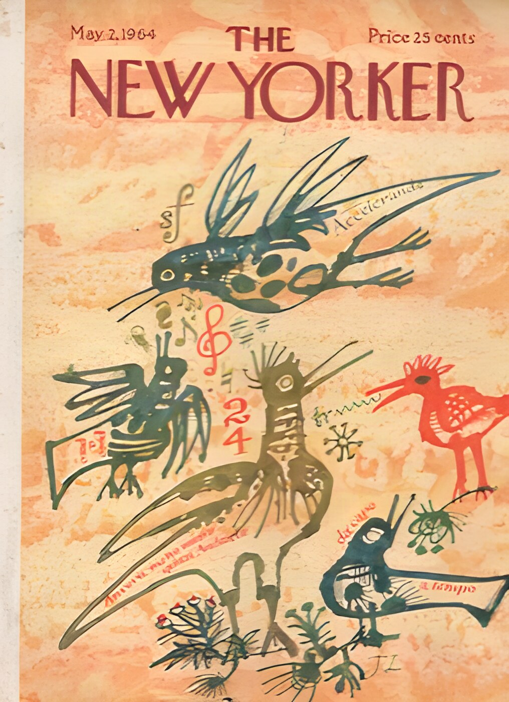 ORIGINAL VINTAGE MAGAZINE COVER:  New Yorker May 2 1964 - Singing birds   by: Joseph Low (Illust.)