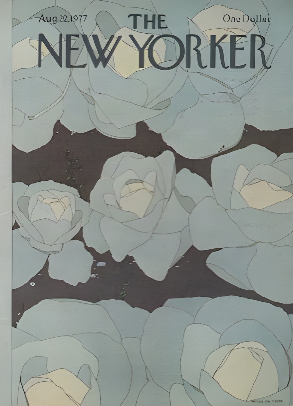 ORIGINAL VINTAGE MAGAZINE COVER:  New Yorker Aug. 22 1977 - Pale blue roses  by: Gretchen Dow Simpson (Illust.)