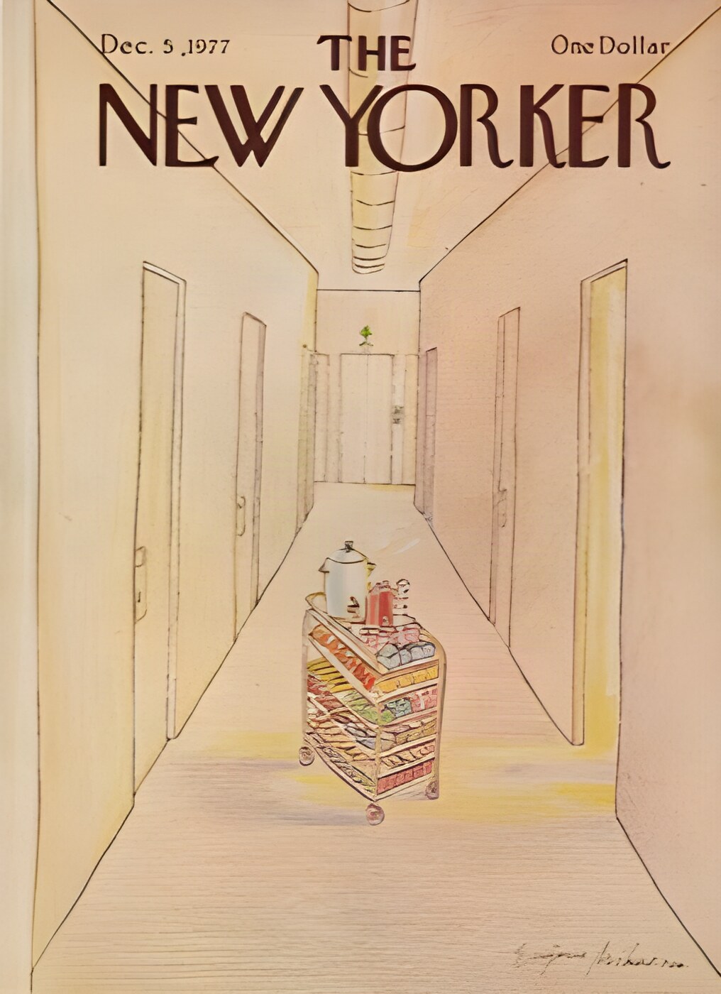 ORIGINAL VINTAGE MAGAZINE COVER:  New Yorker Dec. 5 1977 - Serving cart  by: Eugene Mihaesco (Illust.)